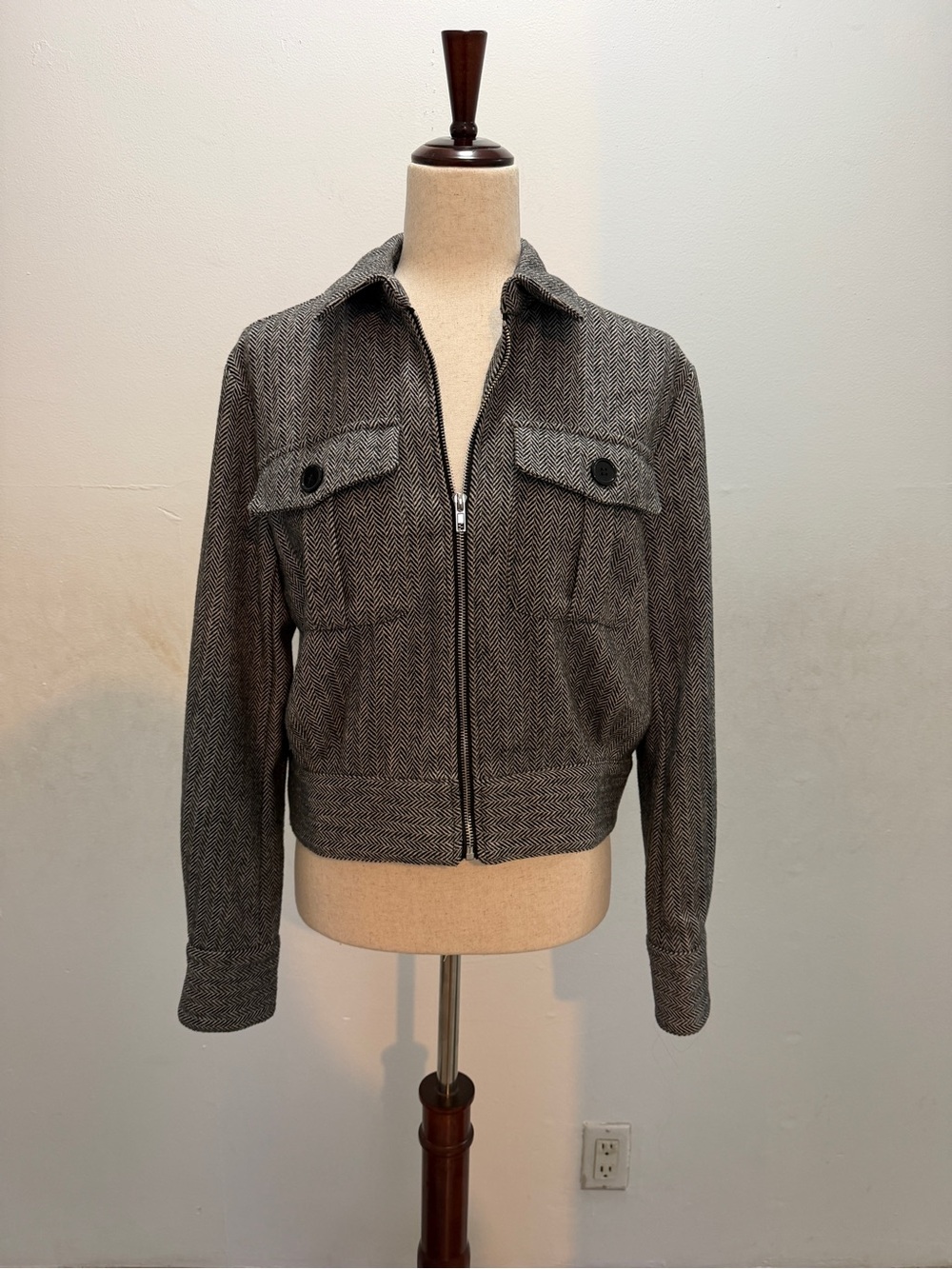 Astro Bettie rockabilly Herringbone Zip-Up Jacket in Charcoal size small